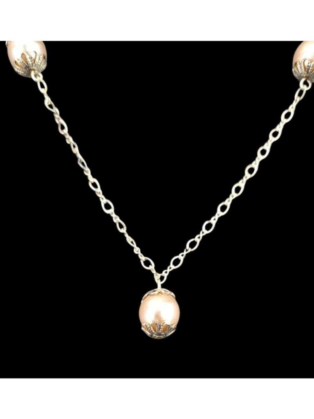 Vintage Sterling Silver Necklace Faux Pearls 16 Inches Elegant Floral Filigree - Picture 9 of 9